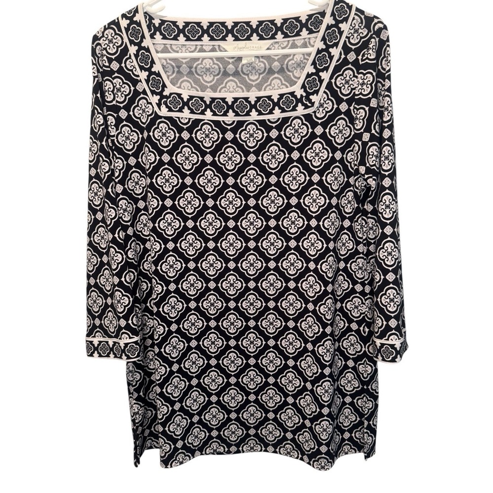 Magnolia Grace Black White Pattern 3/4 Sleeve Square Neck Womens Tunic Top M
